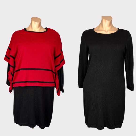 Nina Leonard Womens Plus 2 Piece Poncho Sweater Dress Black Red size 1X - Picture 1 of 16